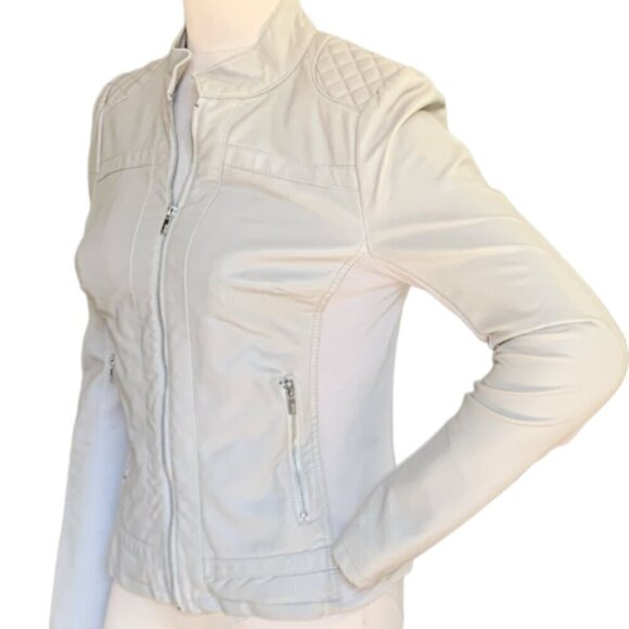Black Rivet Faux/Vegan Leather Zip Moto Jacket Sz M Taupe Beige #78F - Picture 4 of 10